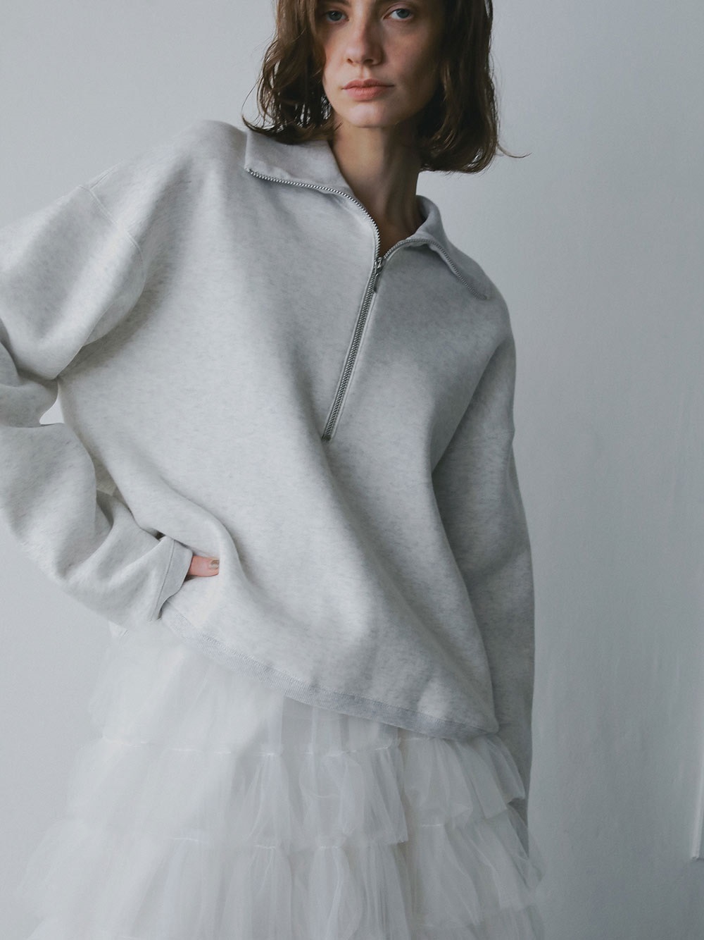 ビッグカラーハーフジッププルオーバー(12ライトグレー-フリー)