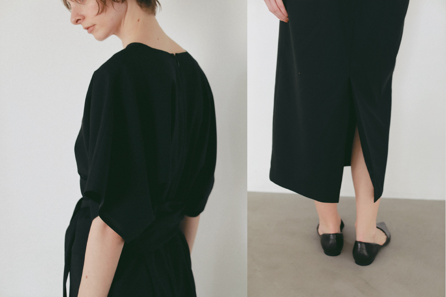 ウエストタックドレスを着用した女性の後ろ姿と足元の画像