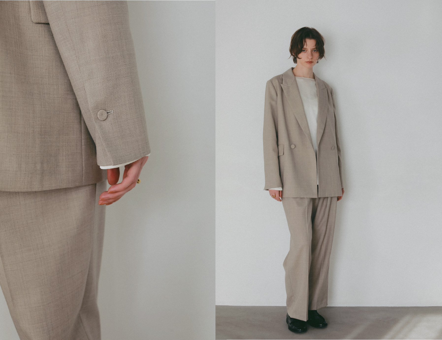 リラクシーダブルジャケット・タックストレートパンツを着用した女性の画像